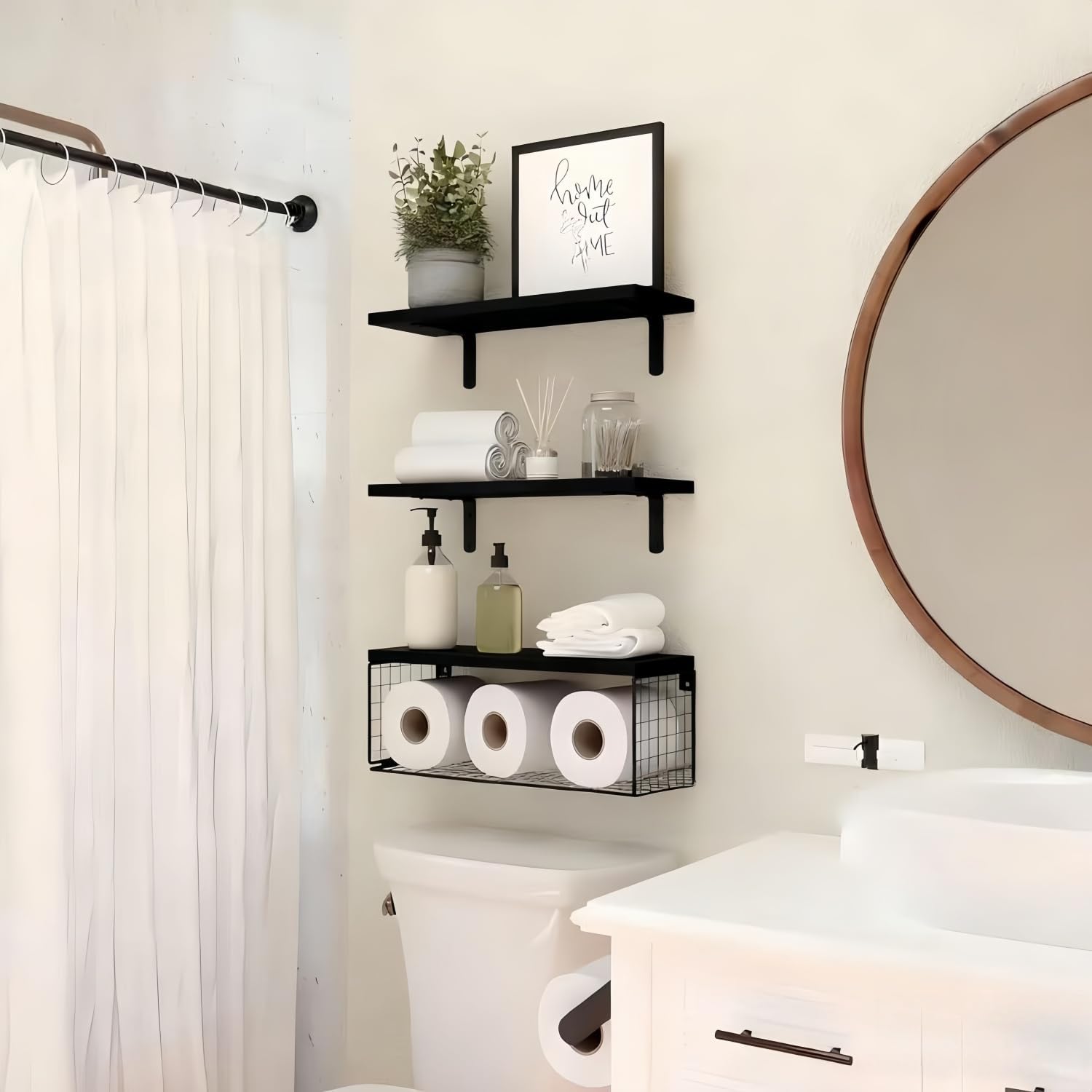 Bathroom Shelves Over Toilet, Set of 3 Wall Mounted Floating Shelves with Storage Basket Rustic Wood Shelf for Home Organization, Wall Decor for Bathroom, Kitchen, Living Room. (Black)