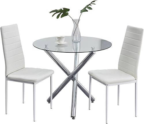 Juego de comedor redondo de cristal de 3 piezas, mesa de cocina redonda y sillas para 2, mesa de comedor de cristal con 2 sillas de piel sintética
