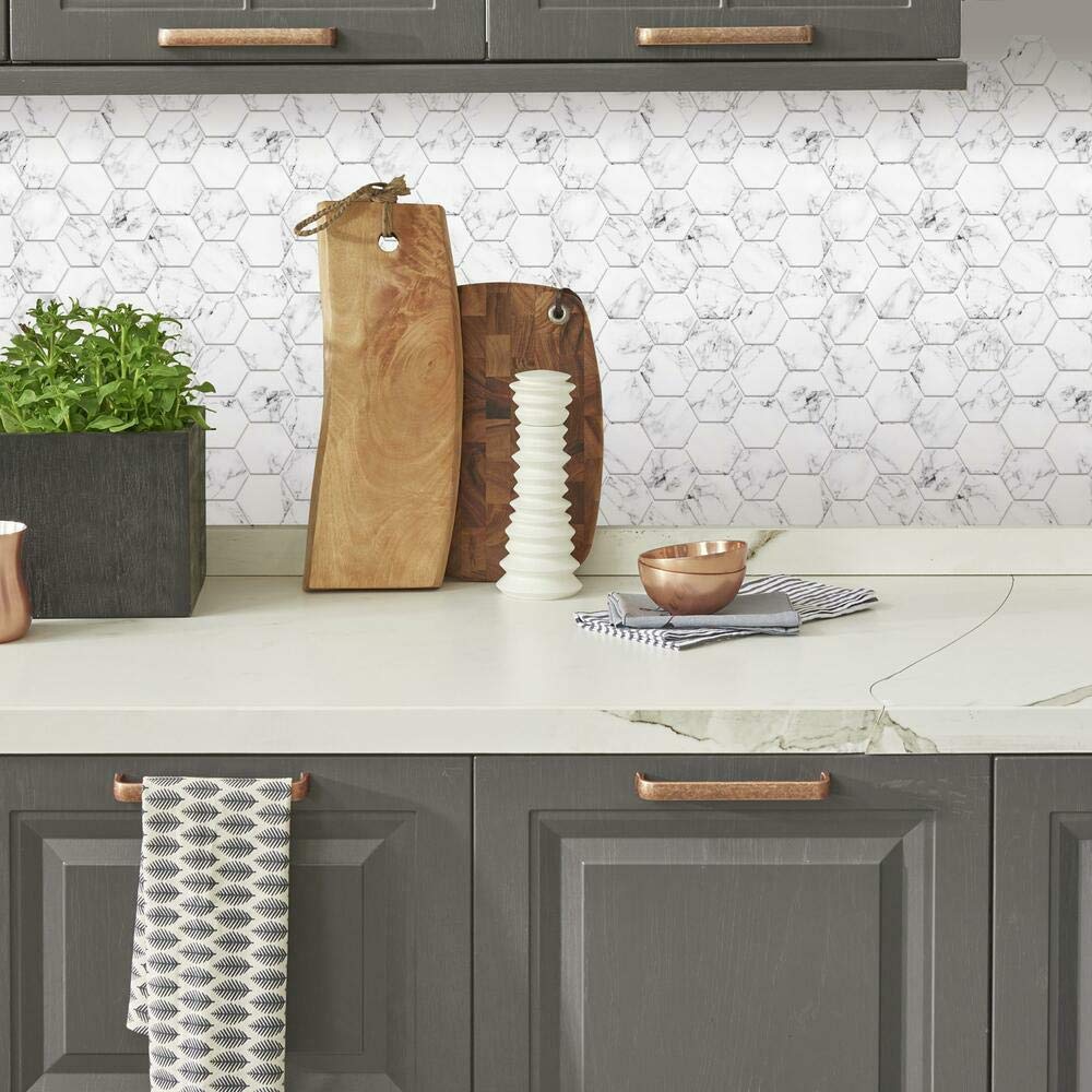 RoomMatesStickTILES Carrara Marble Hexagon Peel and Stick Removable Backsplash
