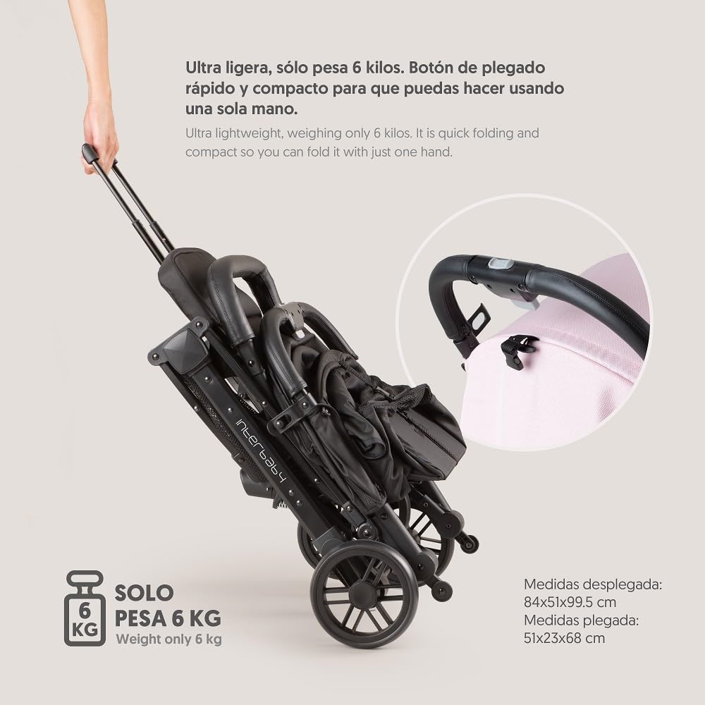 Interbaby Silla de Paseo Ligera y Compacta, Carrito Bebé Plegado Automático, hasta 22 kg, desde Nacimiento, Reclinable, Capota XXL, Suspensión, Cochecito Bebé Viaje Cabina (MIN SPACE PLUS Rosa)