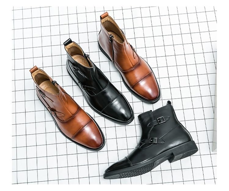Men\'s Brown 1 Oxford Boots Buckle Casual Men Boots Lace-Up Side Zipper Amazon.com | AMAPO Men Oxford Boots,Casual Mid-Top Dress  main image 4