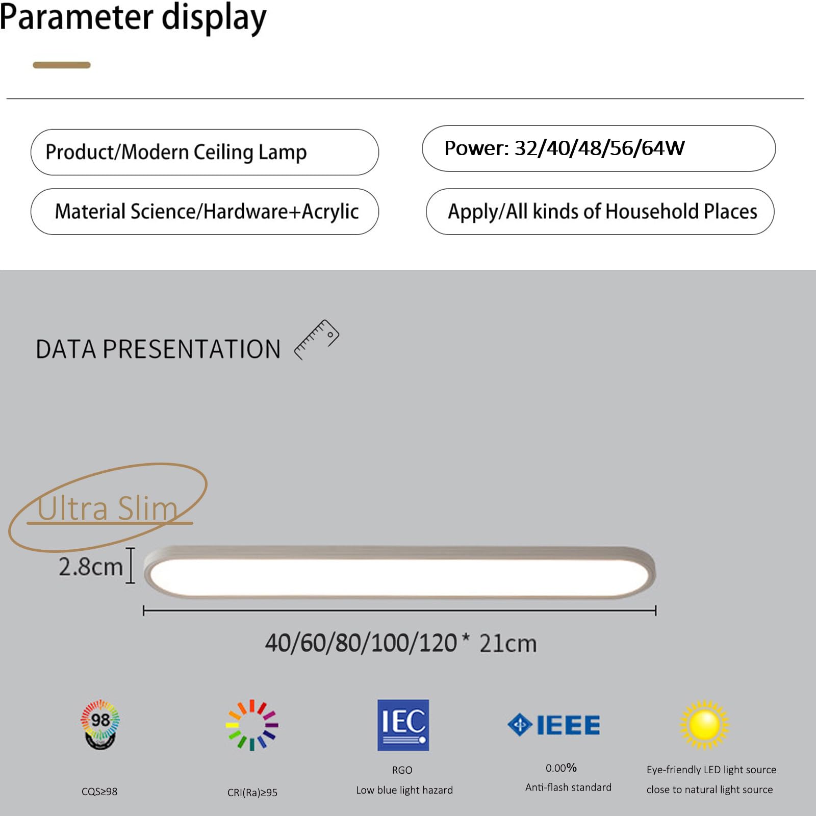 Rectángulo LED 120cm 64W Luz de Techo Sala de Estar 10%-100% Lámparas de Techo Regulable con Mando a Distancia 2700K-6500K Iluminación de Techo Baño Espectro Completo para Pasillo (Blanco,120CM 64W)