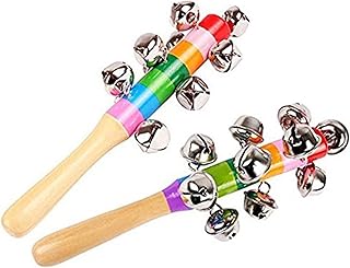 2 Pack Vivid Color Rainbow Handle Wooden Bells Jingle Stick Shaker Rattle 10 Jingle Bells Baby Kids Children Musical Toys