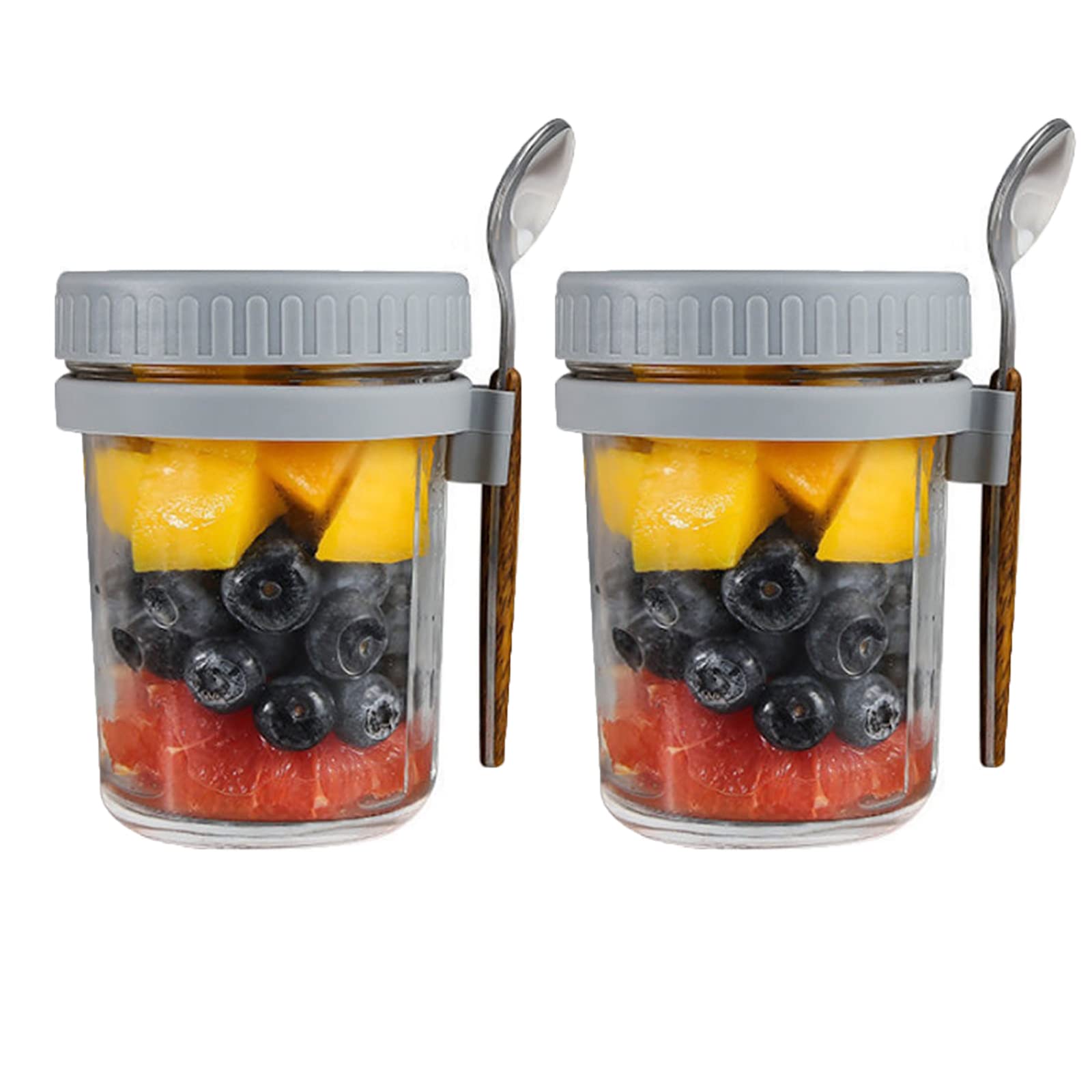 KEEMEN 2 Pack Overnight Oats Jars with Lid and Spoon 350ml Oatmeal Container with Measurement Marks Glass Wide Mouth Mason Jars with Airtight Lids (Grey)