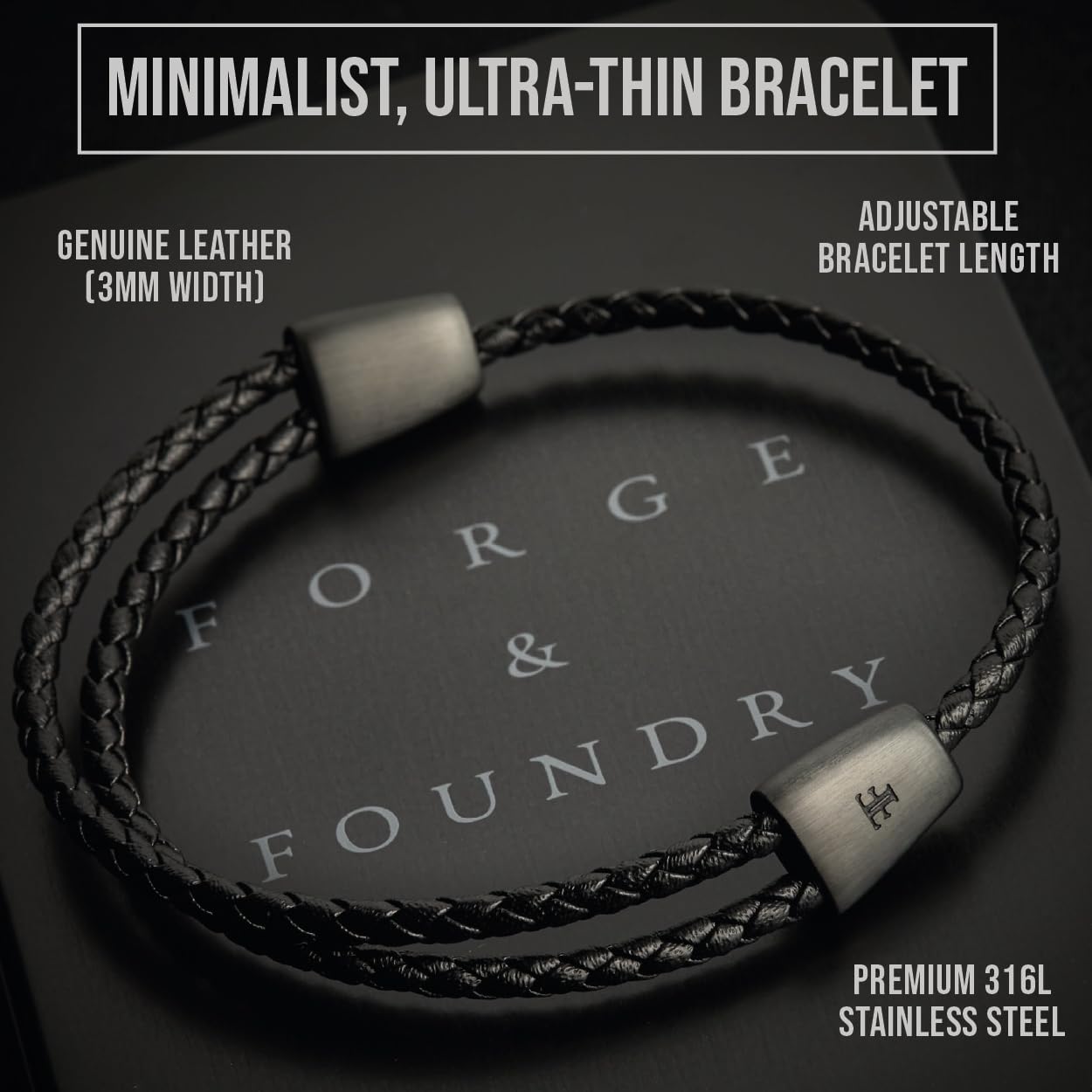 Forge & Foundry Bracelet réglable en cuir tressé noir pour homme | Fermoirs coulissants noirs mats, taille unique, Cuir, Pas de gemme