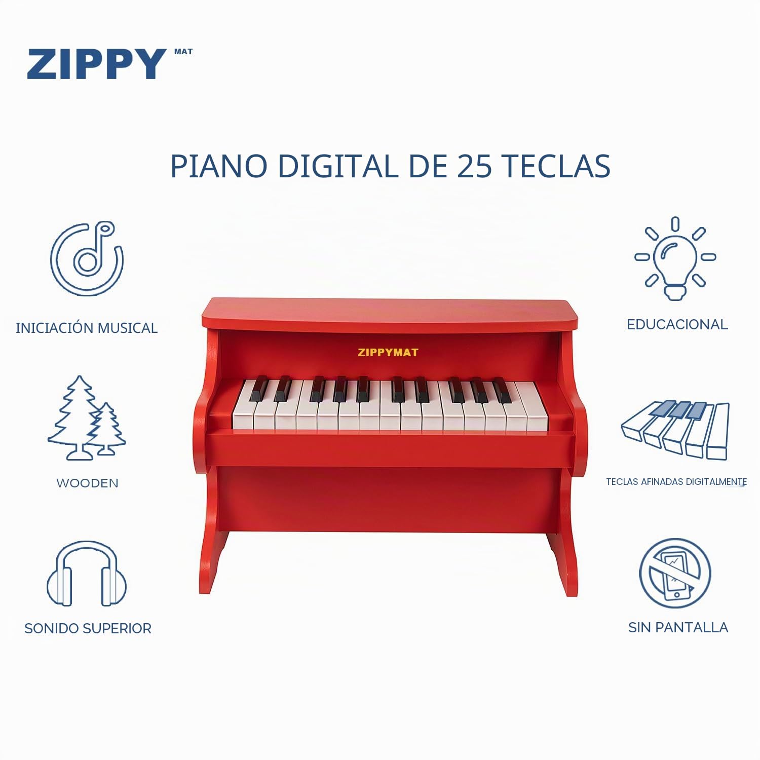 Teclado Digital para Niños - 25 Teclas, Mini Instrumento Musical Educativo, Piano de Madera para Pequeños y Niñas (Rojo)