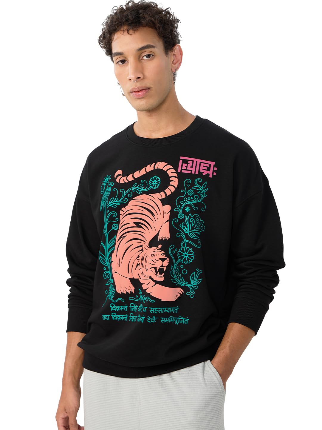 the souled store Indie Tiger Men and Boys Long Sleeves Round Neck Black Puff Printed Cotton Blend Oversized Sweatshirts-picture-39