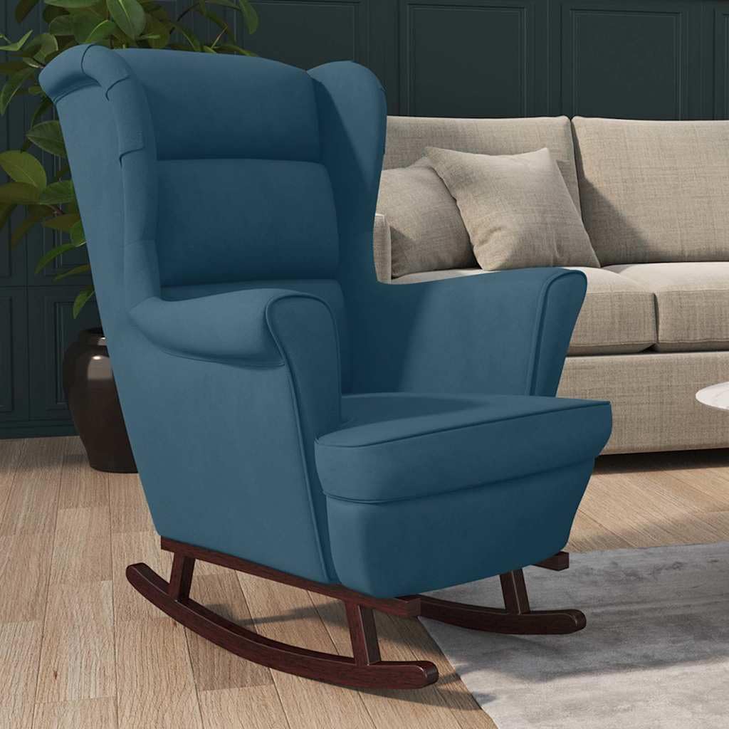 Sedia a dondolo con orecchie in velluto blu con seduta e schienale imbottiti, pattini in legno massiccio dell'albero della gomma, sedia a dondolo ergonomica per soggiorno, camera da letto