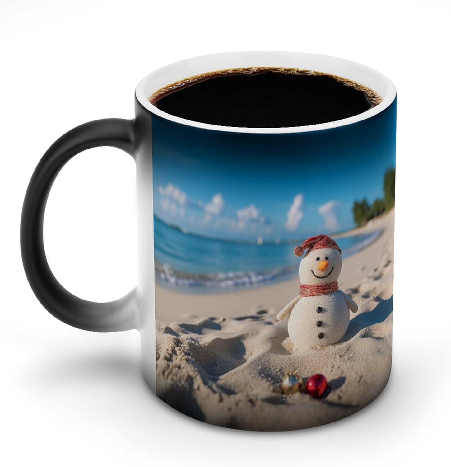 Color Changing Mug Sand Snowman On Beach Printed Ceramic Coffee Mug Heat Changing Sensitive Mug Magic Heat Changing Coffee Mug Novelty Coffee Mugs