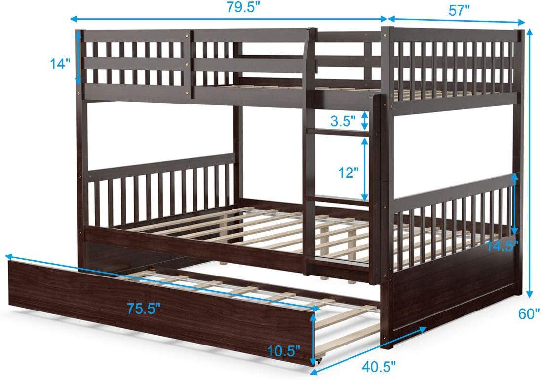 Diagram showing dimensions of KOMFOTT Full Over Full Bunk Bed with Trundle