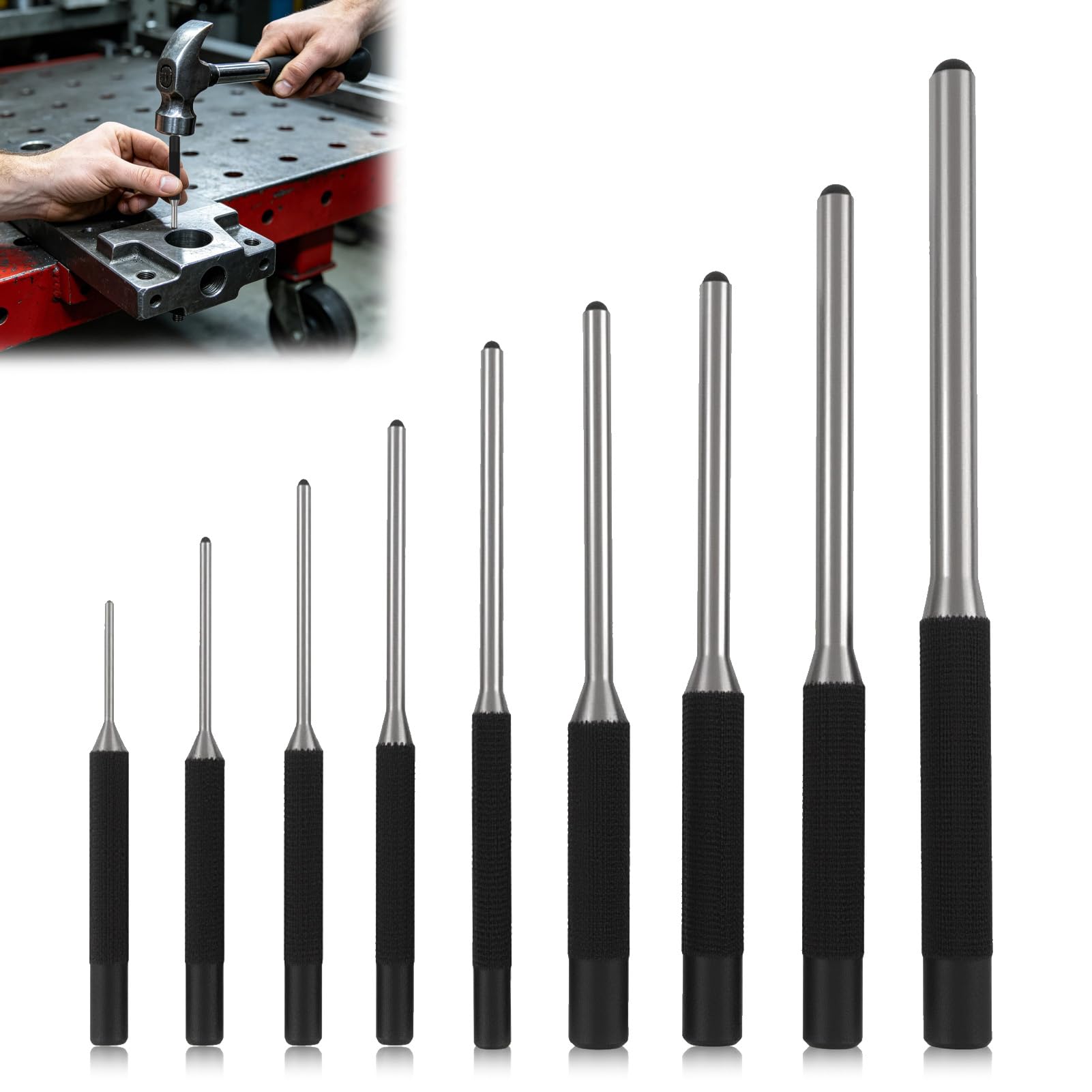 9 Piezas 1,5 mm-8 mm Punzón Hueco con Bolsa Almacenamiento, Juego de Punzón de Pasador de Rodillo, Juego de persecutores de Acero Duradero, Punzones de Pasador de Rodillo Kit de Herramientas