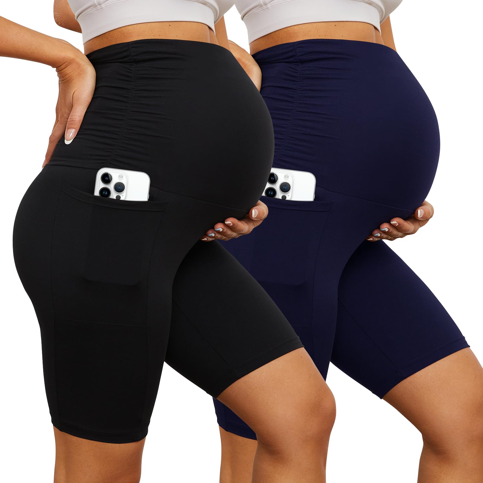YOLIX2 Pack Maternity Shorts Over Belly, High Waisted Black Workout 8” Pregnancy Biker Shorts with Pockets
