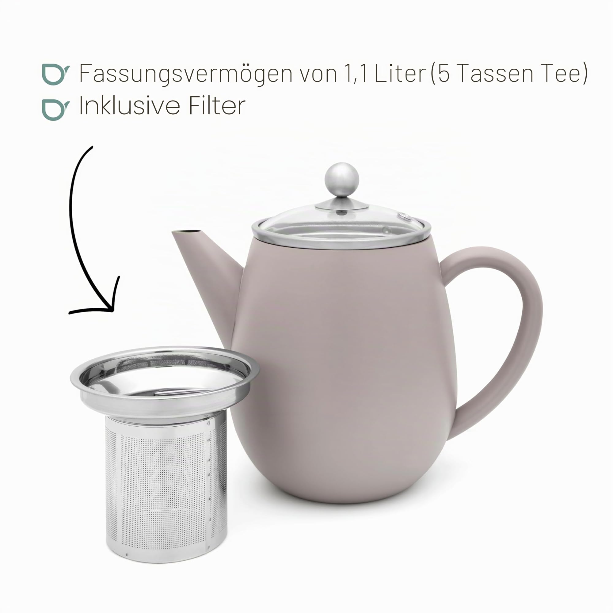 Bredemeijer graue doppelwandige Teekanne 1.1 Liter - isolierende Edelstahl Kanne mit Glasdeckel & Tee-Filter-Sieb | Doppelwandige Tee Kanne für bis zu 1 Stunde warmen Tee, Teezubereiter mit Glasdeckel und Teesieb, tropffreies Ausgießen