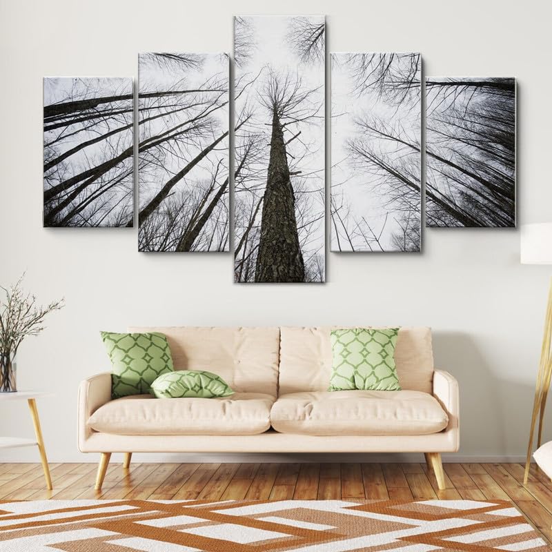 Tableau Multi Panneau 5 parties Tableau sur Toile,Forêt d'arbres d'hiver en noir et blanc,tableau mural decoration salon moderne xxl,cadre,accroche cadre sans...