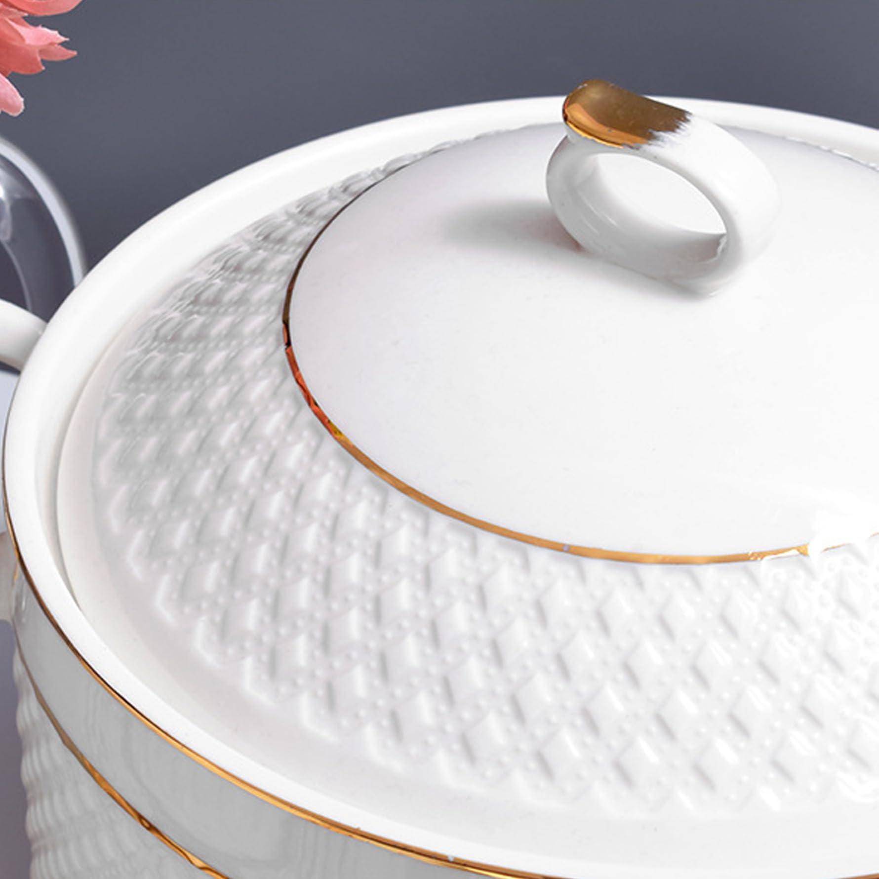 Tureens, sopa Cerámica, 1.5L Servir cuencos con borde de oro Tureen con tapa y cucharón para pasta, sopa