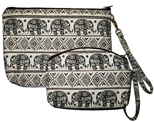 Cosmetic Makeup Bag Black Travel Set of 2 Pencil Pen Case Purse Bag Elephant Canvas Unique Handmade (Black)