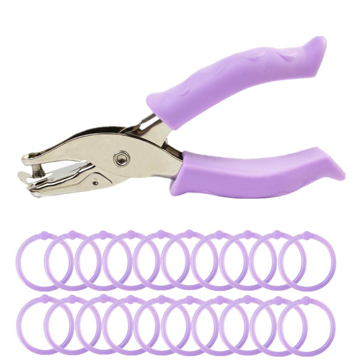 RuiChy Handheld Hole Punch with 20 Pcs Loose-Leaf Binder Rings, 6mm Metal Single Hole Pliers Puncher with Soft-Handled