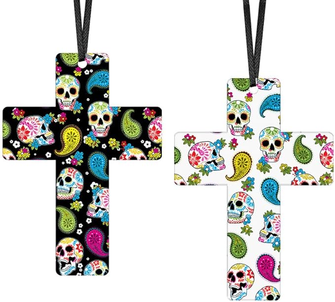 WIRESTER Set of 2 Aluminum Cross Hanging Ornaments for Christmas Tree Holidays, Party, Car, Home, Office Decoration, Ready to Hang Ornament - Colorful Sugar Skulls, Sugar Skulls On White
