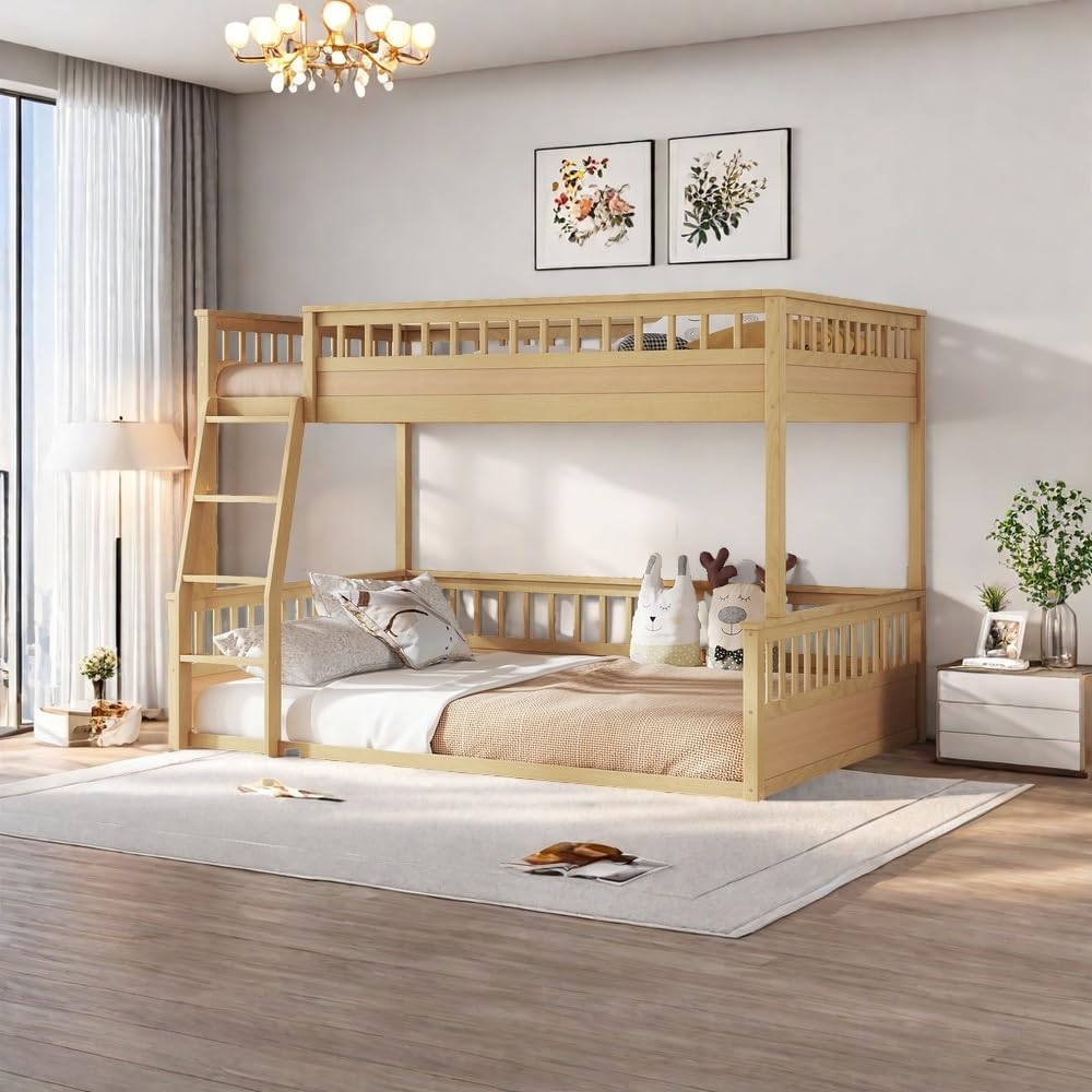 Full XL Over Queen Bunk Bed with Full Length Guardrail, Wood Floor Bunk Bed Frame for Teens and Adults, Rustic Wooden Bunk Beds, Detachable Bed Design, Natural