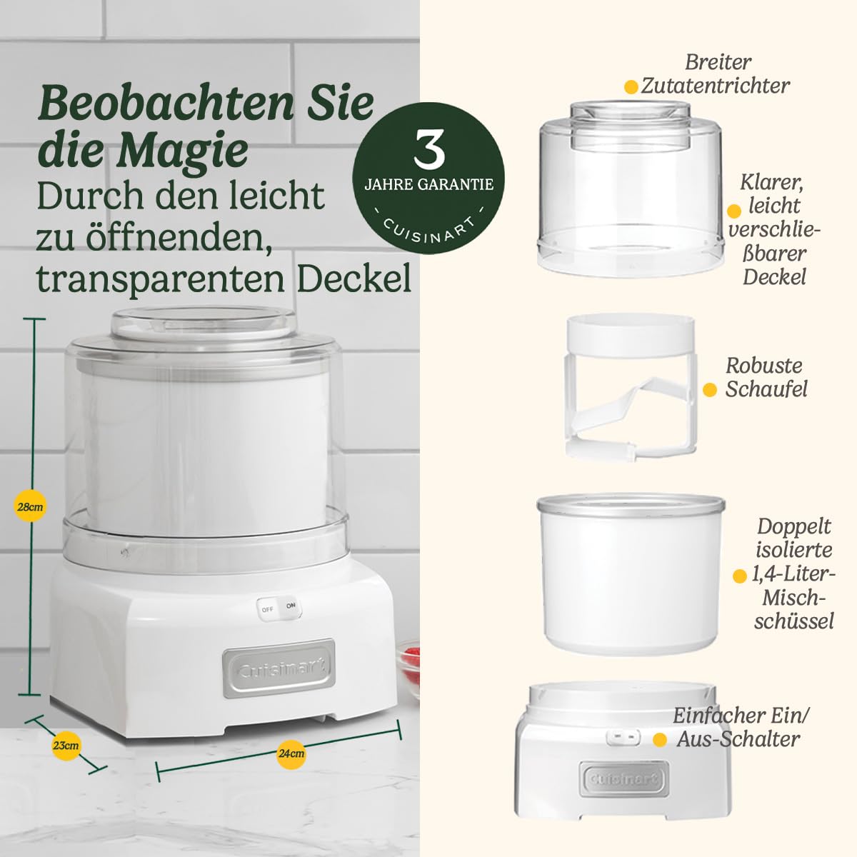 Cuisinart Cool Scoops Hausgemachtes Gelato & Eismaschine in 25 Min. | Sorbet Frozen Yogurt Maker | Familiengröße | 1.4L Rührschüssel | ICE21, Kunststoff, Weiß