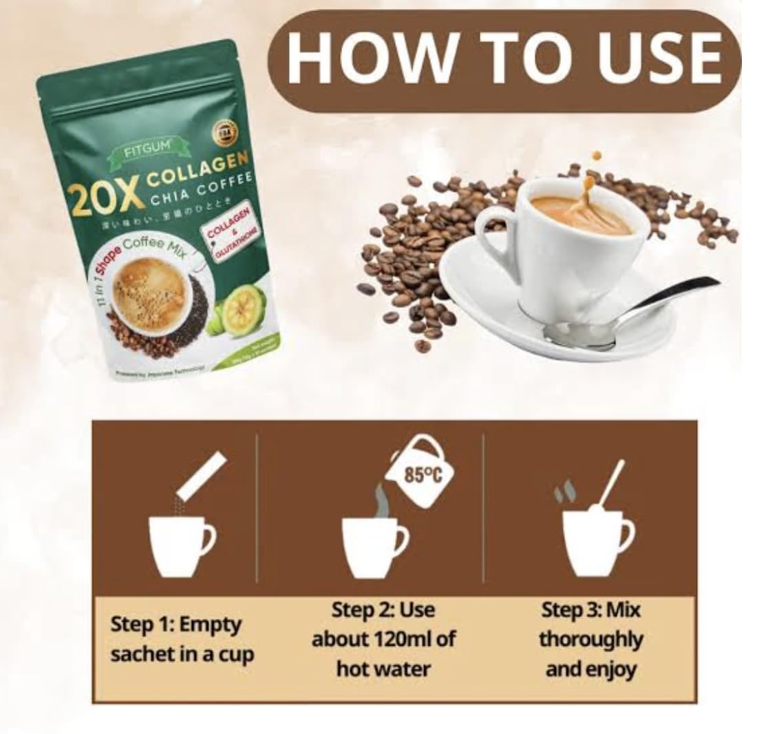2 Packs FIT GUM Collagen Chia Coffee - 11 in 1 Coffee Mix (10 Sachets per Pack)