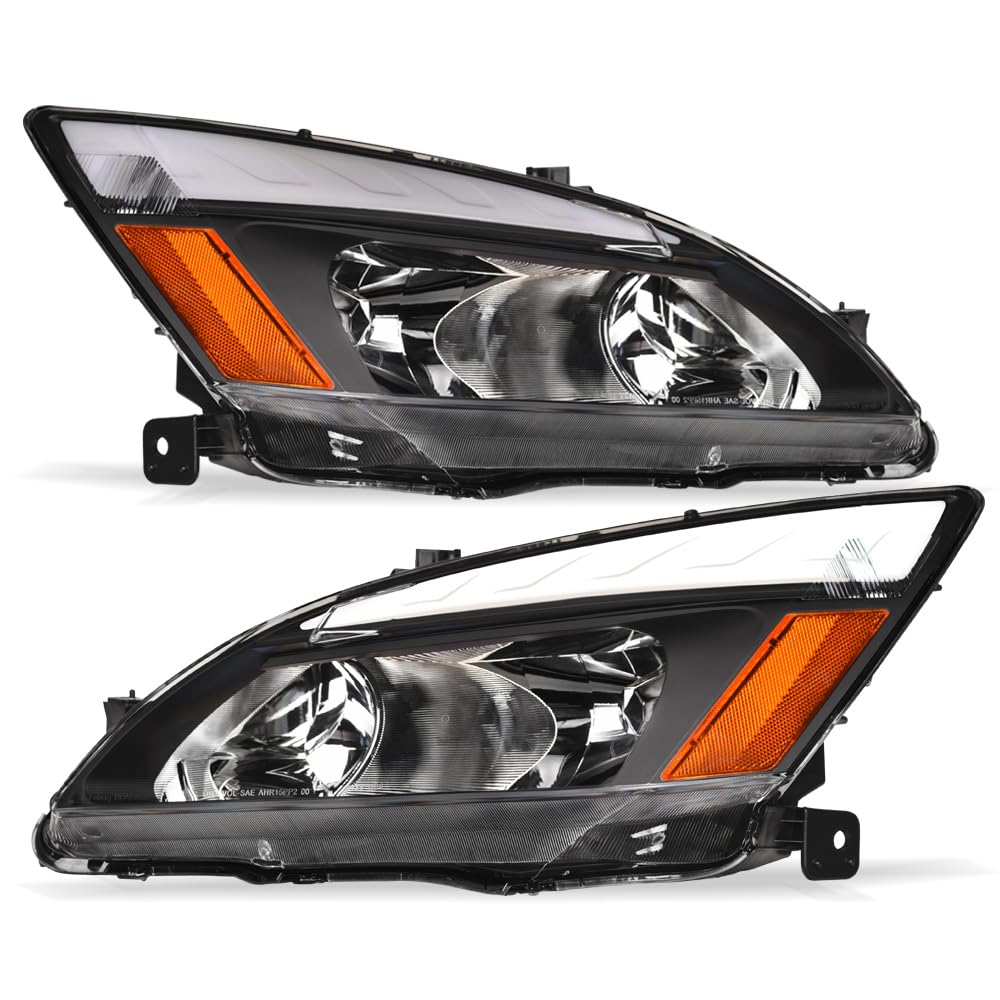 TLAPS 7422442242245 Compatible With 2003-2007 Honda Accord DRL LED Strip Bar Black Housing Headlights With Amber Reflector