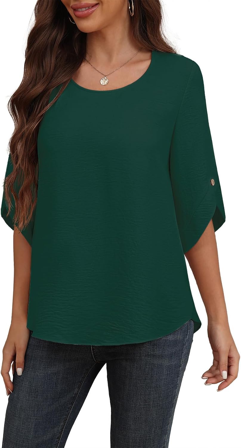 Askyes Women's 2026 Summer Chiffon Blouses Bell Short Sleeve Tshirts Casual Loose Flowy Dressy Work Tops for Leggings Blouse
