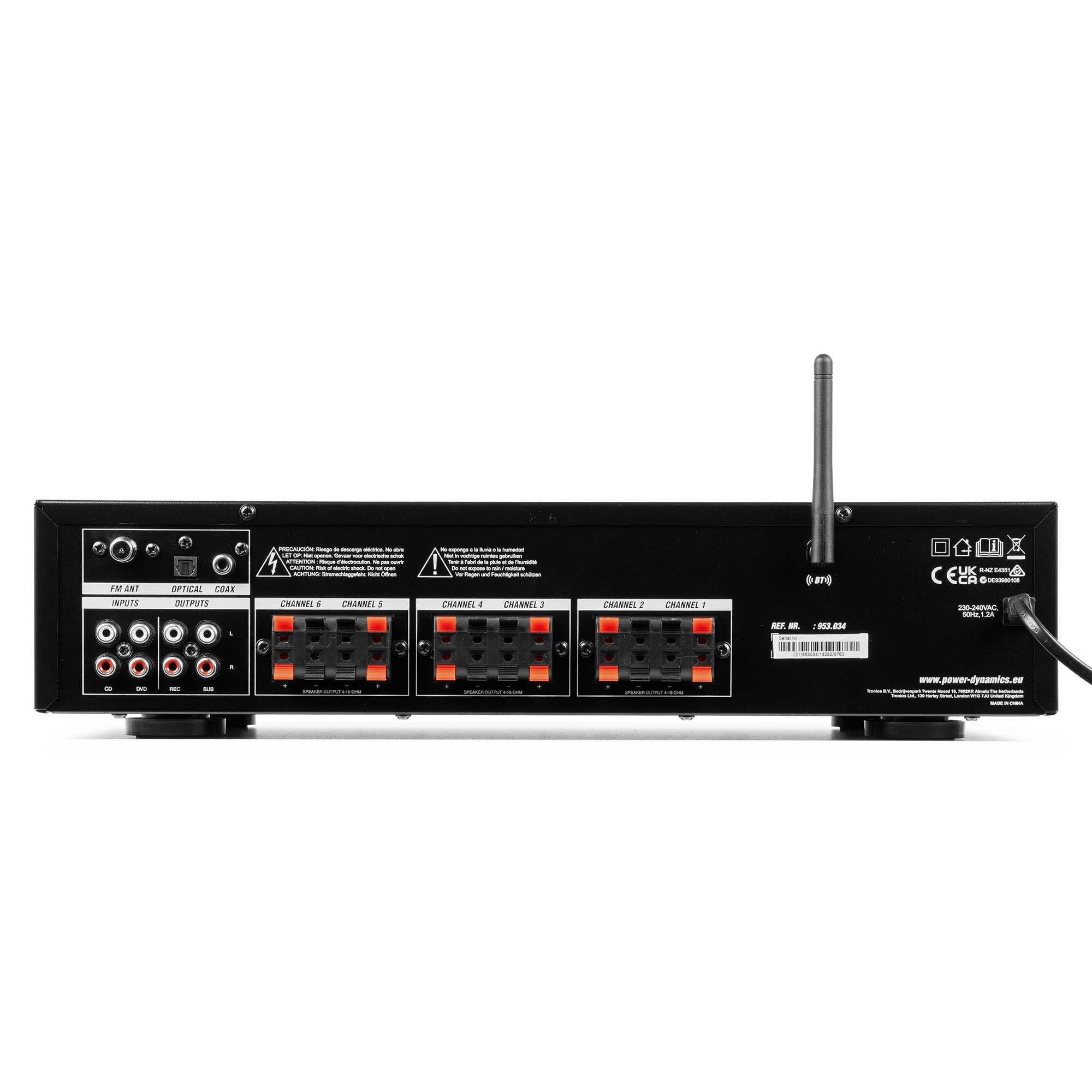 Power Dynamics Pack Sistema de Sonido 6 Zonas con Amplificador Bluetooth 600W, 12 Altavoces Blancos IPX5, MP3, Radio FM, 6 Salidas Independientes y Mando, Ideal para Hogar, Oficinas y Negocios