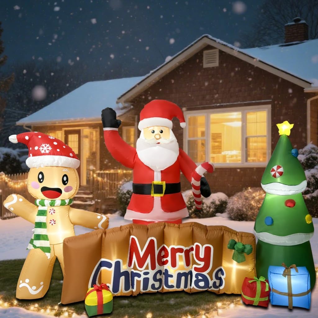 ZXSWONLY Décoration Gonflable géante (3 mètres) « Joyeux Noël » avec Père Noël, Bonhomme en Pain d'épice et Sapin – Décoration d'extérieur pour Jardin, terrasse ou pelouse