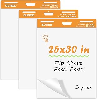 SUNEE Sticky Easel Pads, 25 x 30 Inches Chart Paper, Self Stick Easel Paper for White Board, Large White Premium Self Stick Flip Chart Paper, 30 Sheets/Pad, 3 Pads