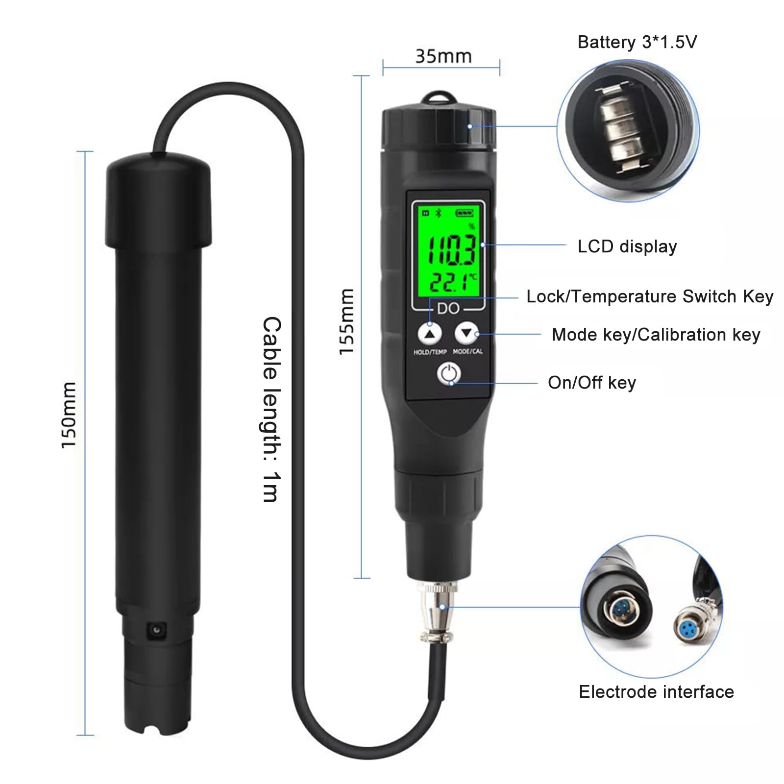 BuyWeek Misuratore di Ossigeno Disciolto, 0,0 – 30,0 MG/L Analizzatore di Ossigeno Disciolto Digitale Smart Bluetooth Rilevatore di Ossigeno Disciolto per Acquacoltura