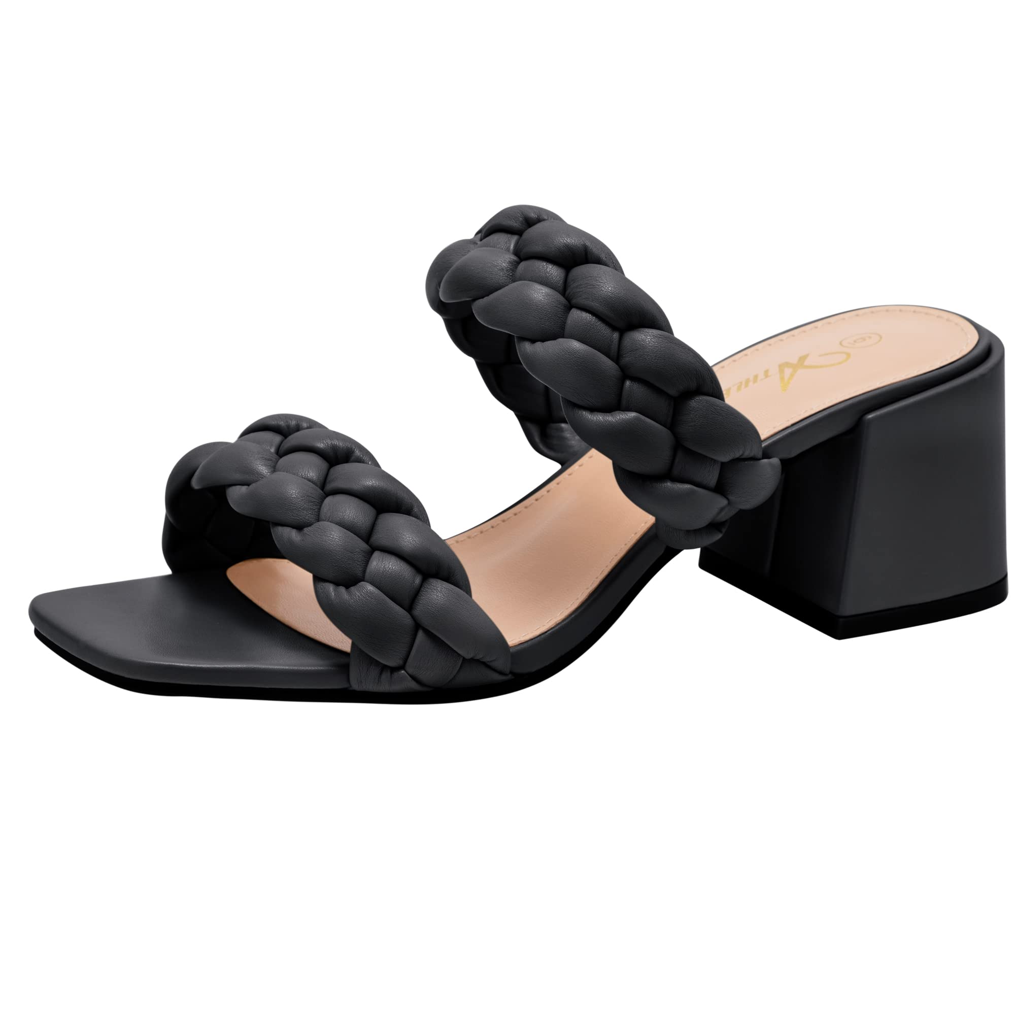 Athlefit Women's Braided Heeled Sandals Strappy Square Open Toe Heels Backless Mules Slip On Block Heels