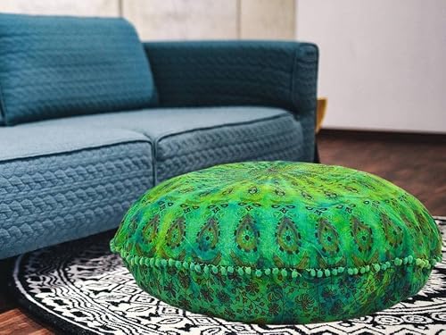 Green Tie Dye Ombre Floor Pillow Meditation Bohemian Cushion Seating Throw Hippie Decorative Boho Indian Ottoman Outdoor Home Art Decor Cases Round Sham Mandala Cotton Pouf Comfortable (Cover Only) #TOP1