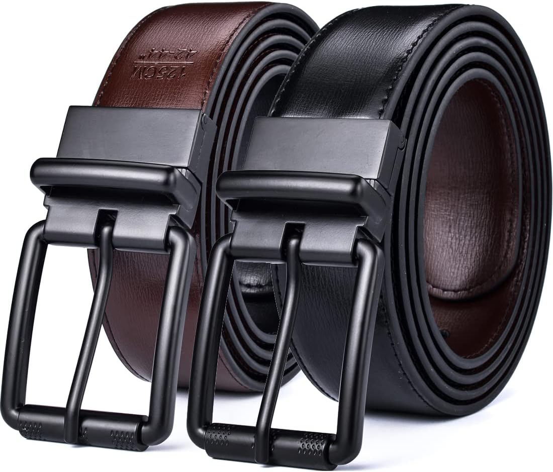 Beltox Men's Reversible Genuine Leather Belt 1.25" Rotate Buckle - Black/Cognac, Gift Box Included