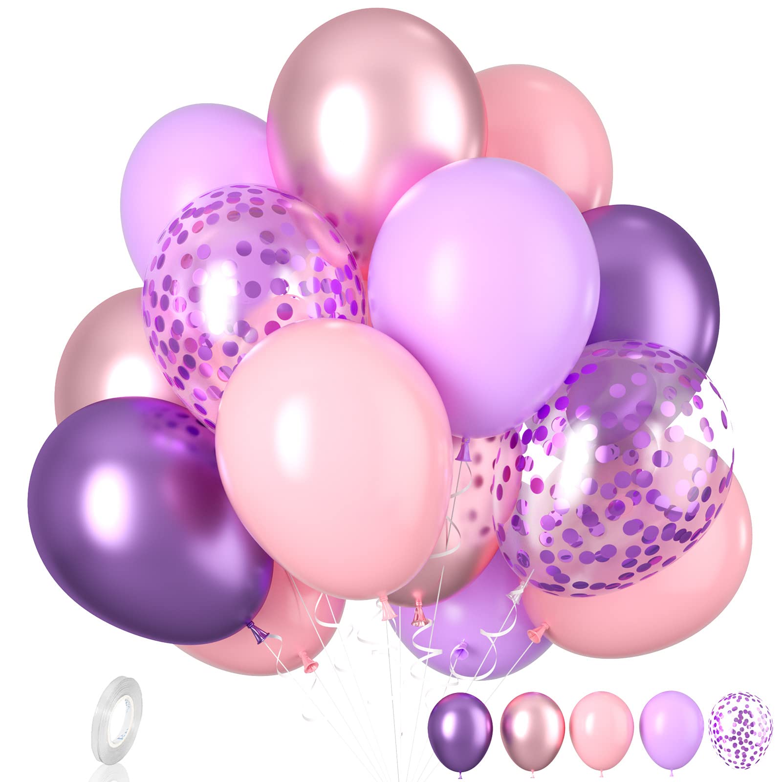 Biapian Pastel Pink and Purple Balloons - 20 Pcs, 12 Inch Latex Balloons with Metallic Purple Confetti for Girls' Birthday or Baby Shower Decorations