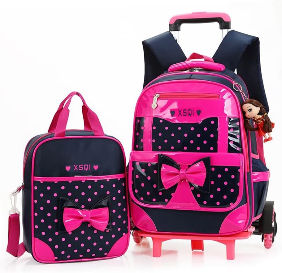MITOWERMIRolling Backpack for Girls Trolley School Bags Cute Bowknot Girls Backpack with Wheels Carry-on Travel Luggage with Handbag Toddler Elementary Princess Bookbags