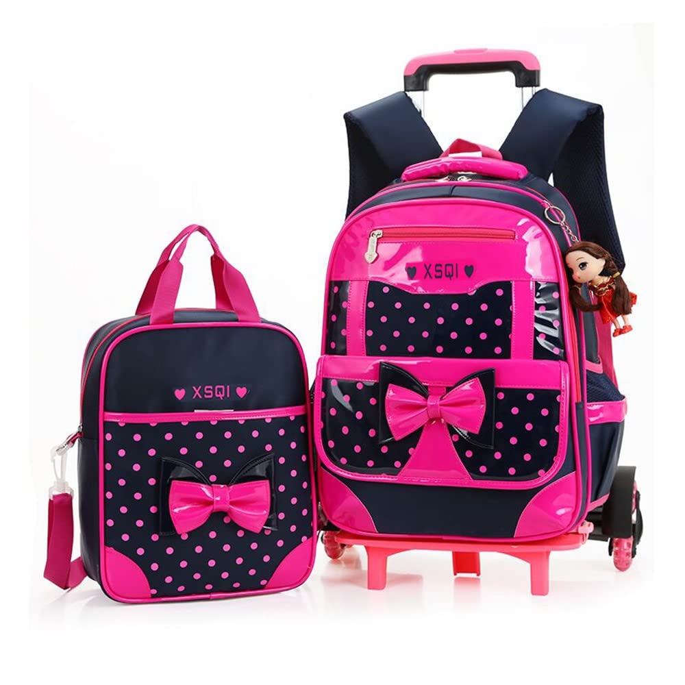 MITOWERMIRolling Backpack for Girls Trolley School Bags Cute Bowknot Girls Backpack with Wheels Carry-on Travel Luggage with Handbag Toddler Elementary Princess Bookbags