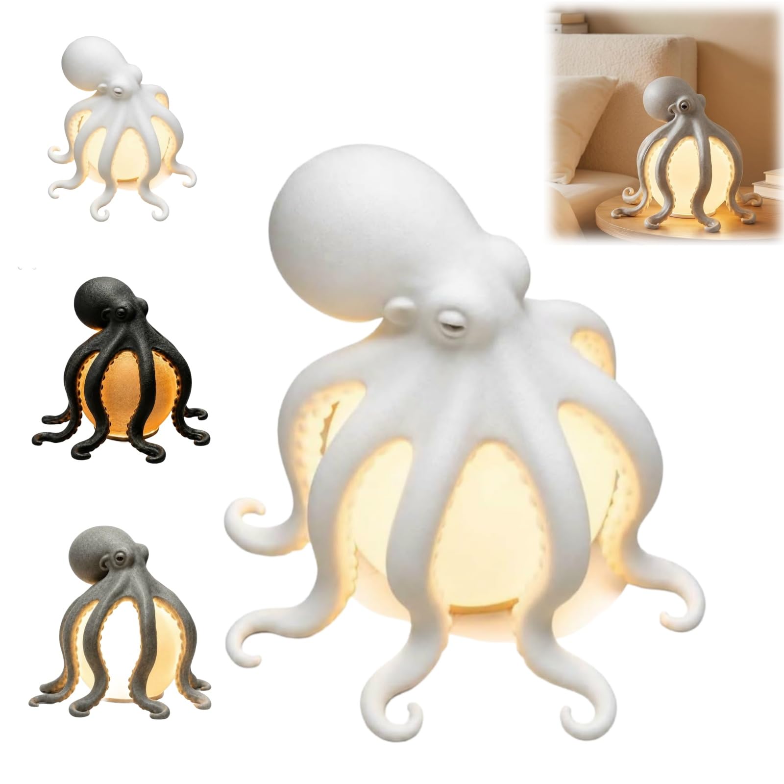 Octopus Ocean Decor Table Lamp,Sculpted Resin Octopus Led Night Light (White)
