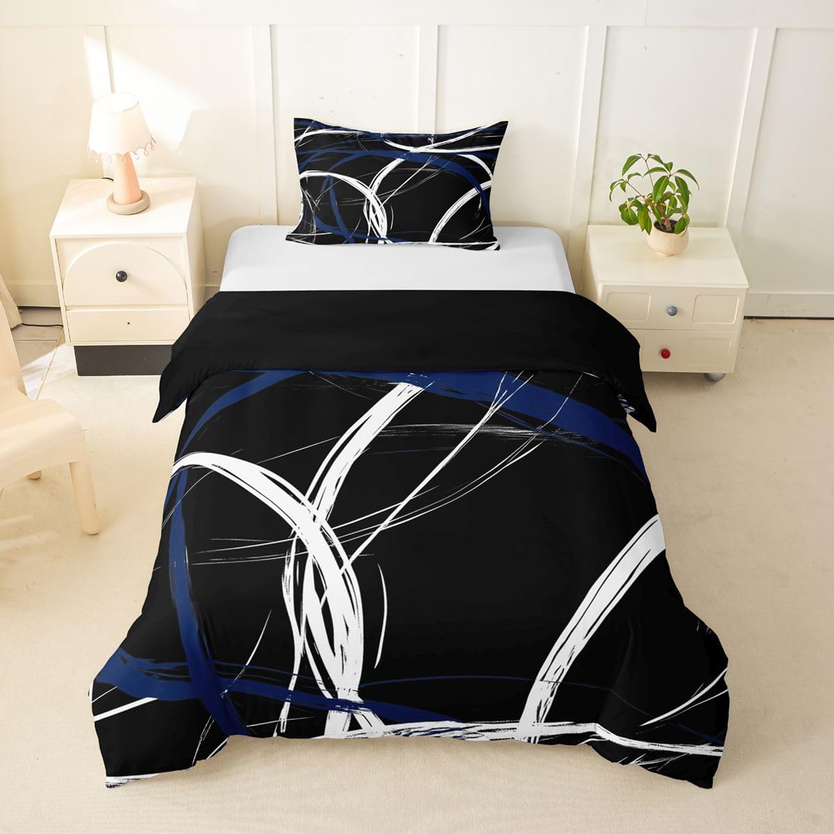jejeloiu Modern Abstract Duvet Cover Toddler Size Deep Blue Stripe Bedding Set Breathable Soft Geometric Aesthetic Comforter Cover 2Pcs Bedroom Decor No Comforter Breathable