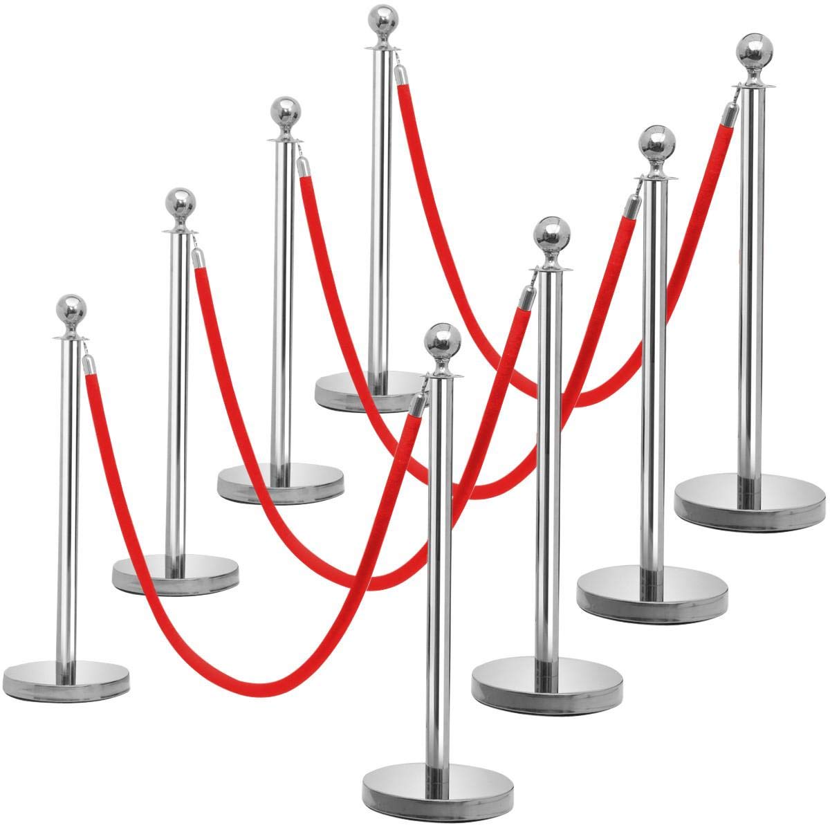Yaheetech 8pcs Stainless Steel Stanchion Posts - 6.6FT Extended Red Velvet Rope Retractable Safety Barriers with Stable Base for Party Supplies Theater Hotels Clubs Museums, Silver