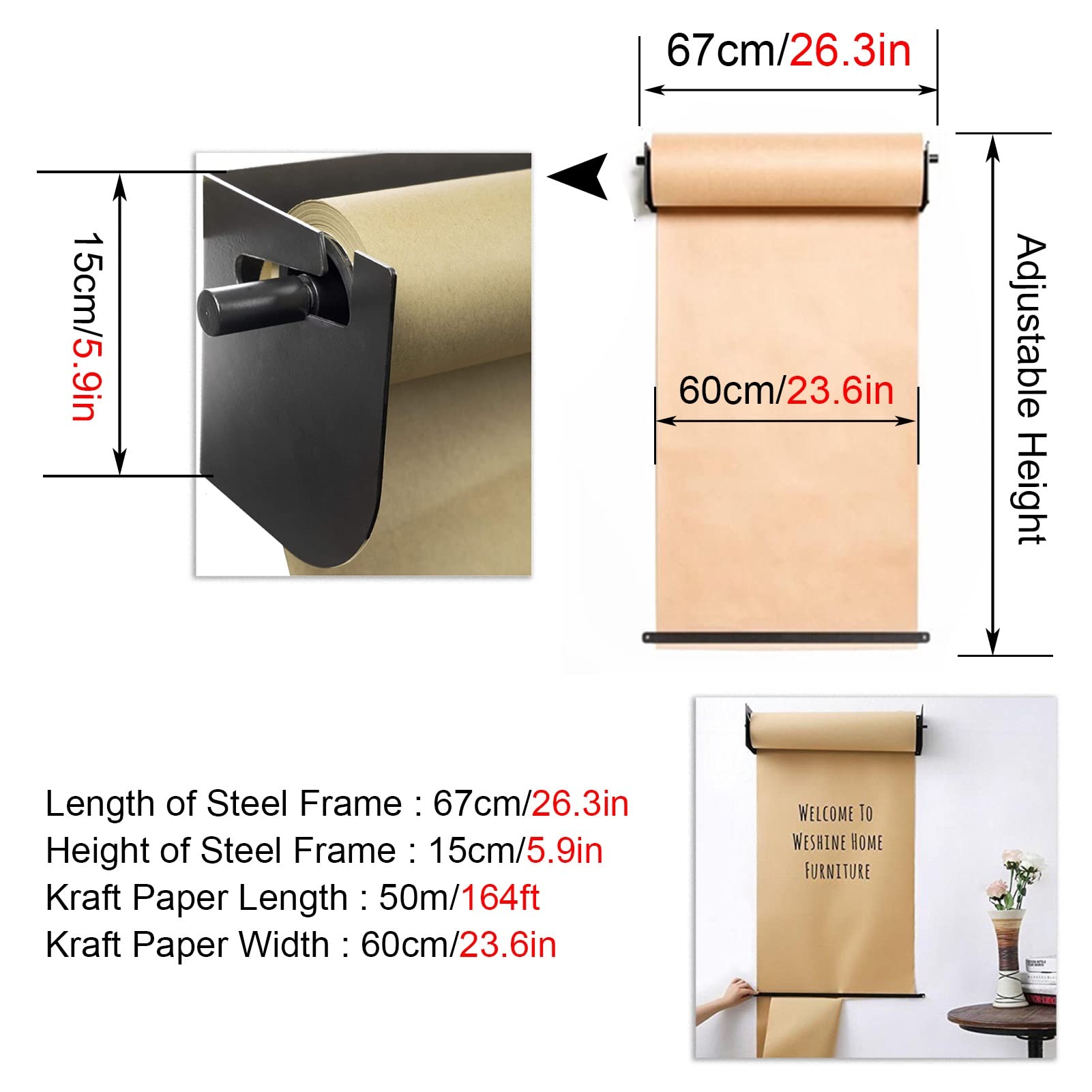 Wytrzymała gilotyna do papieru, papier rzeźniczy, Dozownik i obcinacz papieru kuchennego z 50-metrowym papierem typu kraft(67cm/26.3in Wide)