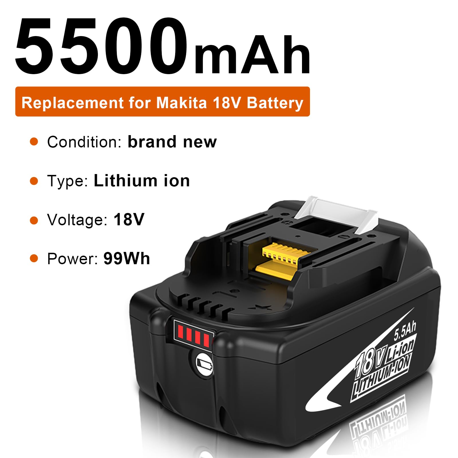 2 pcs 5500mAh Batería Repuesto para Makita 18V Batería .Compatible para Makita BL1860 BL1850B BL1850 BL1840B BL1830B BL1830 BL1820 BL1815 BL1825 BL1835 BL1845 con Indicador LED (Blanco)