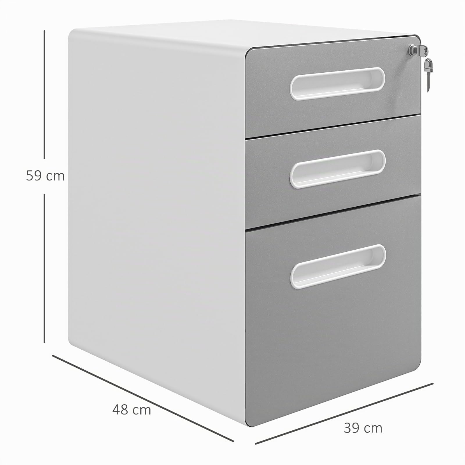 Vinsetto Cassettiera da Ufficio 3 Cassetti con Serratura, Grigio Chiaro | Ruote, Mobile per Ufficio, Portadocumenti Formato A4 Legale e Lettera