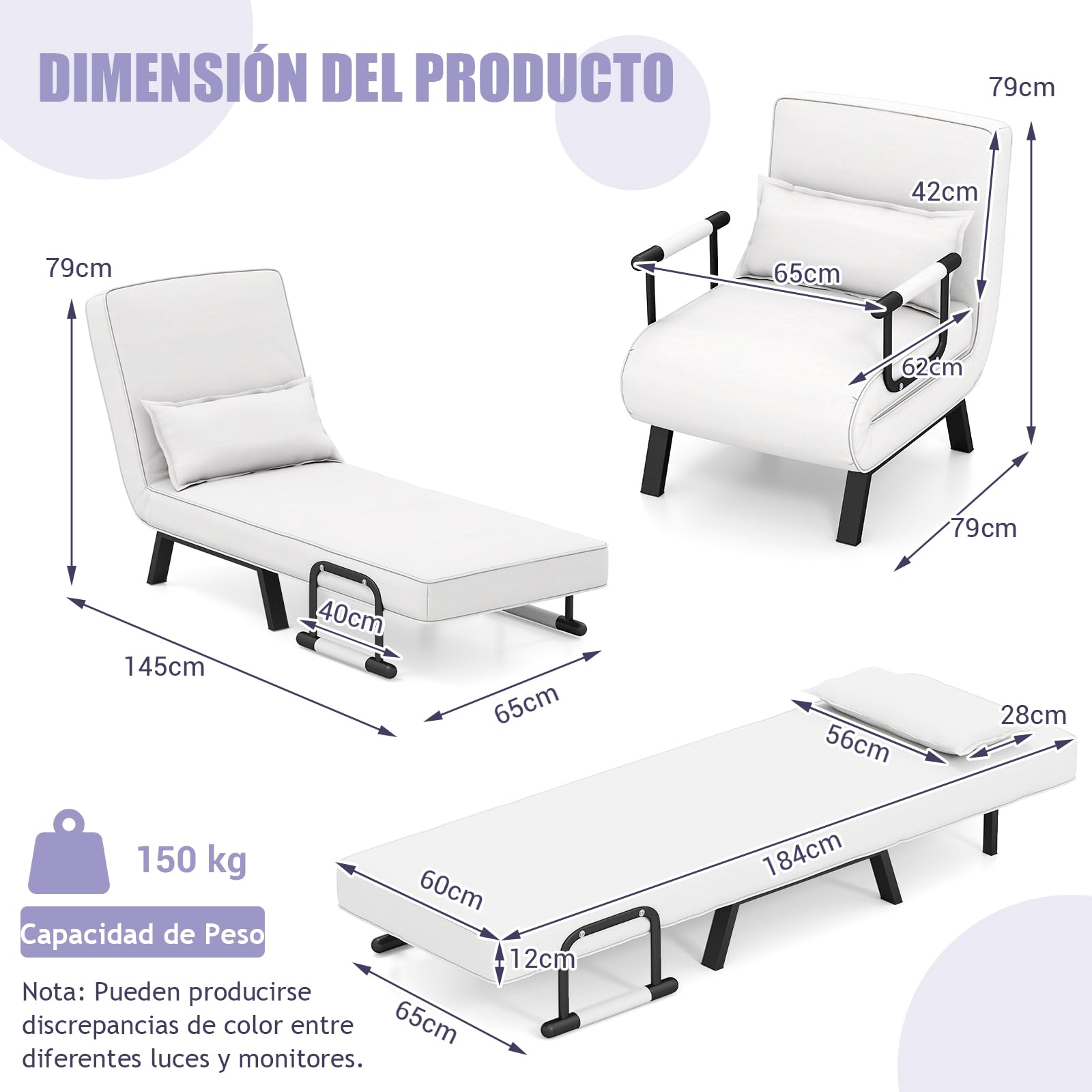 GOPLUS Sofá Cama Individual, Sillón Relax Reclinable 4 en 1 con Respaldo Ajustable en 6 Posiciones, Almohada y Orejero, Butaca de Salón 1 Plaza para Oficina, Salón, Carga 150kg (Blanco)
