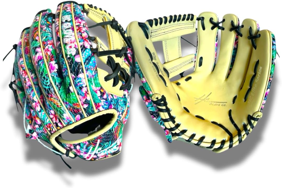 Floral Edition I-Web Infield Glove – Black with Pink & Green Floral Design – Leather – Elite Series Baseball Glove