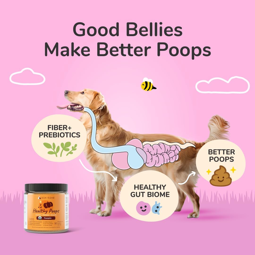 kin+kind Healthy Poops - Organic Pumpkin Powder for Dogs and Cats - Digestive and Probiotic Support w/Prebiotics & Fiber Powder - Cat & Dog Vitamins and Supplements for Sensitive Stomach - 3 x 8 oz