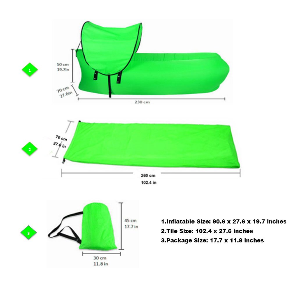 Bry 2017 Outdoor Inflatable Portable Lounger Lazy Waterproof Air Chair Sofa Bed Couch Air Sleeping Bag Sofa Couch with UV Protection Mini Sun Canopy (Green)
