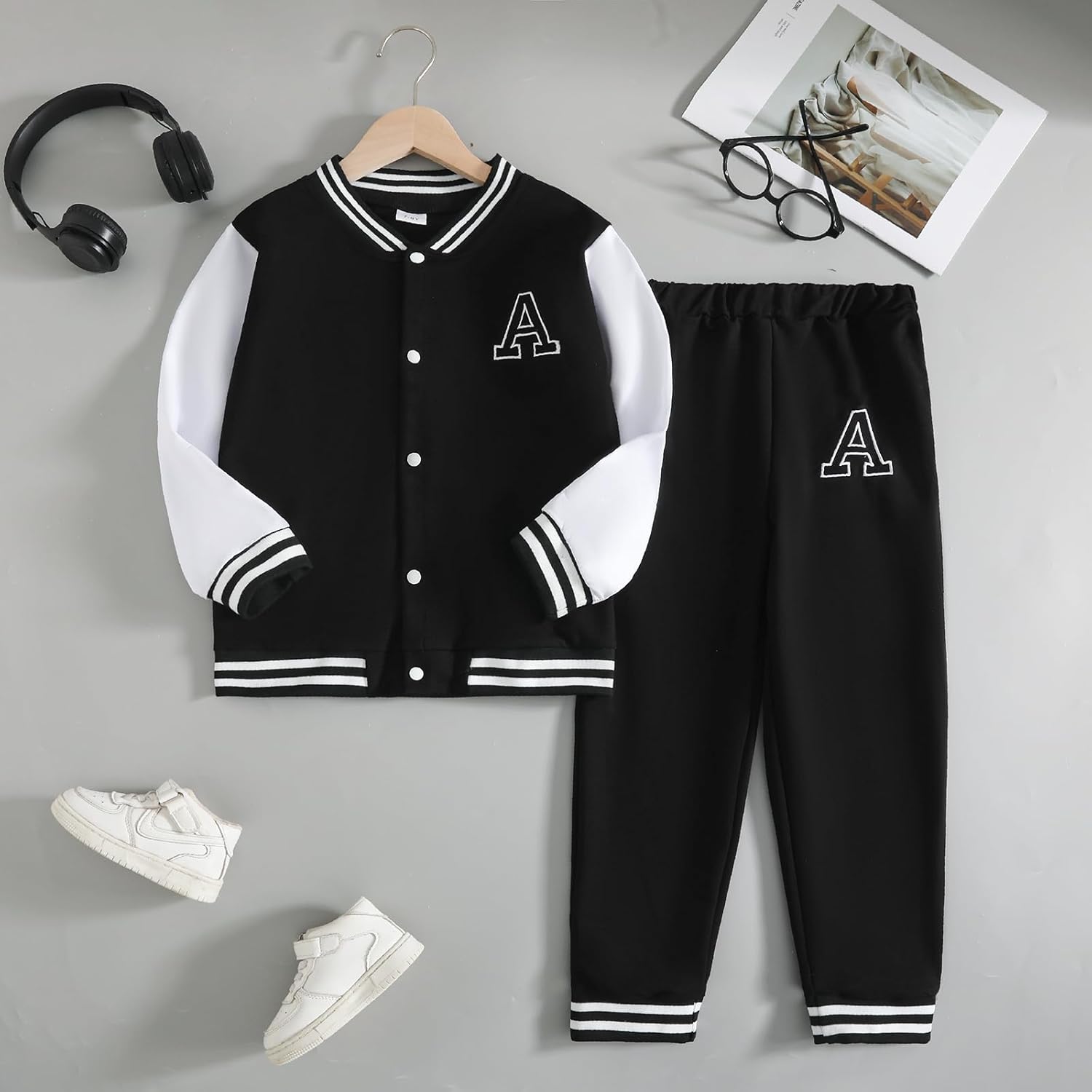 Boys Color Block Button Down Shirt and Jogger Pants Button Up Sweatsuits Sets (Size: 5-12T) - Image 8