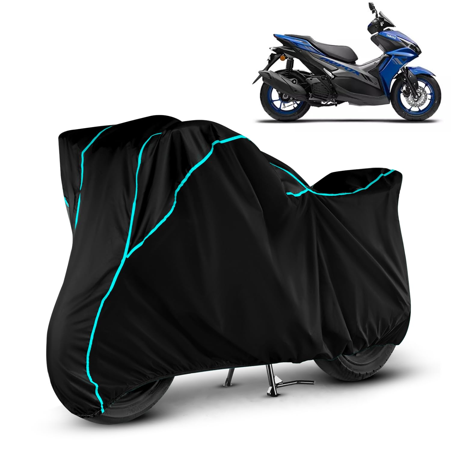 VOICO Water Resistant Bike Cover Dustproof UV Protection Bike Body Cover for Yamaha Aerox 155 All-Weather Protection with Aqua Blue Piping - (Black)-image-10