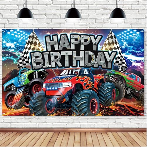 Monster Truck Birthday Backdrop, 5.9x3.6Ft Happy Birthday Banner for Truck Theme Party Decorations Monster Car Photograohy Background Racing Car Vehicle Jam Boys Decors Photo Booth Studio